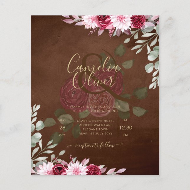 Burgundy Brown Floral Winter Fall Wedding Invite Flyer (Front)