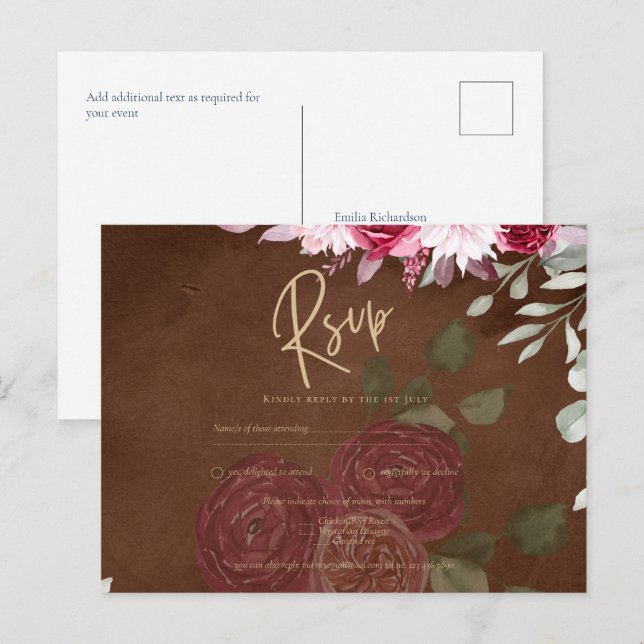 Burgundy Brown Floral Winter Fall Wedding Invite Postcard (Front/Back)