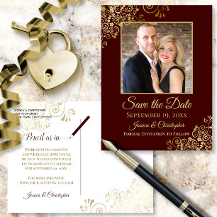 Burgundy Brown & Gold Photo Save the Date Wedding Announcement Postcard