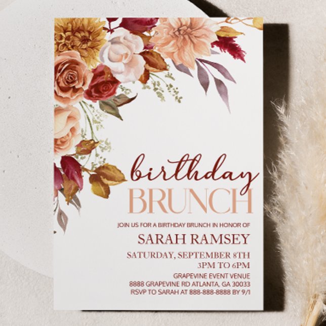 Burgundy Brown Orange Floral Birthday Brunch Invitation (Creator Uploaded)