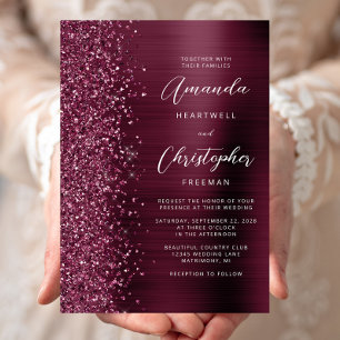 Burgundy Brushed Metal Glitter Script Wedding Invitation