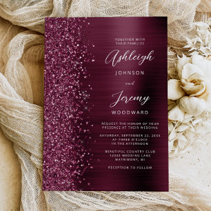 Burgundy Brushed Metal Glitter Script Wedding Invitation
