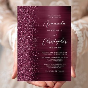 Burgundy Brushed Metal Glitter Script Wedding Invitation