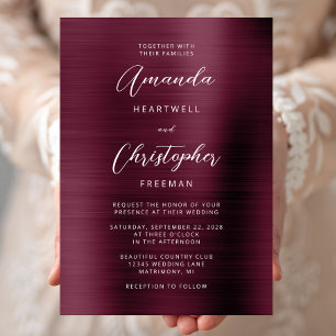 Burgundy Brushed Metal Script Wedding Invitation