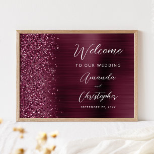 Burgundy Brushed Metal Script Wedding Welcome Poster