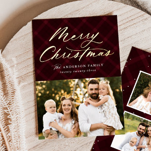 Burgundy Brushed Plaid Foil 3 Photo Foil Holiday Card