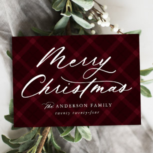 Burgundy Brushed Plaid Merry Christmas Non-Photo Holiday Card
