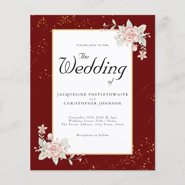 Burgundy Budget Wedding Invitation Pink Peony Flyer (Front)