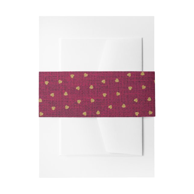  Burgundy Burlap Cute Gold Hearts Rustic Farmhouse Invitation Belly Band (Front Example)