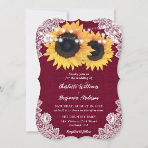 Burgundy Burlap Floral Lace Sunflower Wedding Invitation