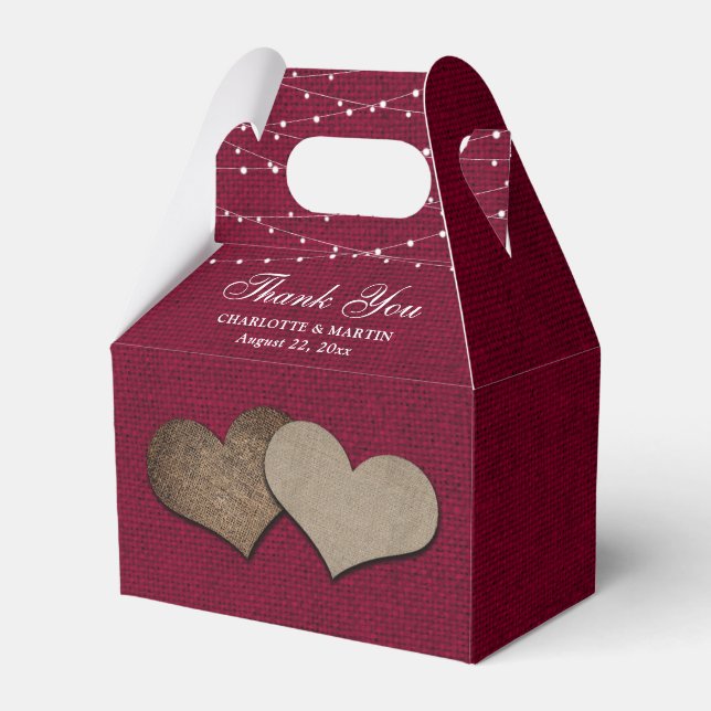 Burgundy Burlap Heart Wedding Thank You Favour Box (Front Side)