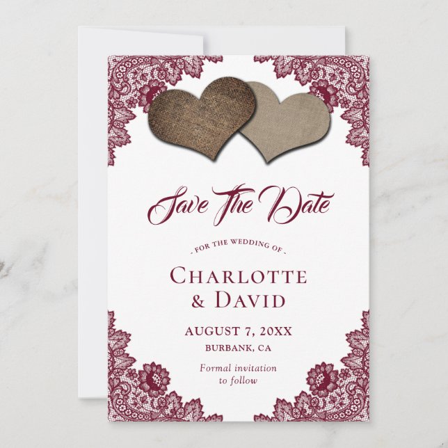 Burgundy Burlap Lace Wedding Save The Date Card (Front)