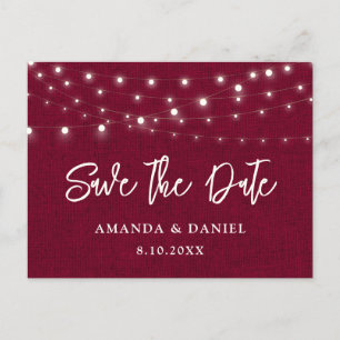 Burgundy Burlap Lights Wedding Save The Date Announcement Postcard