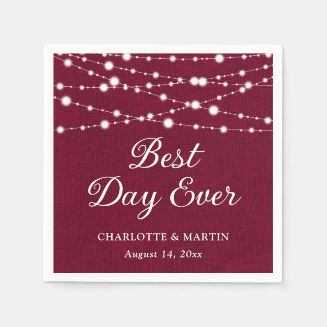 Burgundy Burlap String Lights Rustic Wedding Napkin (Front)