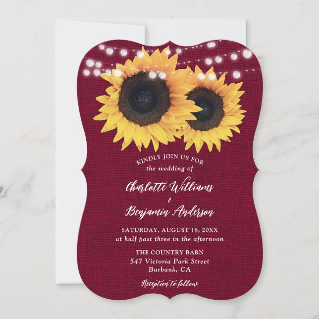 Burgundy Burlap String Lights Sunflower Wedding Invitation (Front)