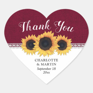 Burgundy Burlap Sunflower Wedding Thank You Heart Sticker