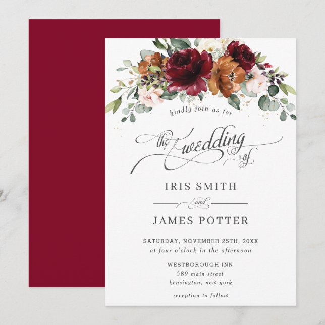 Burgundy Burnt Orange Blush Ivory Floral Wedding Invitation (Front/Back)