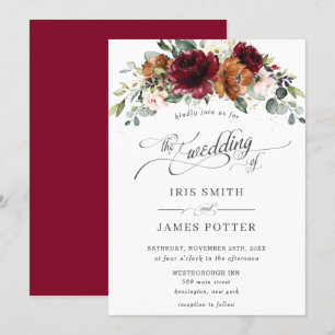 Burgundy Burnt Orange Blush Ivory Floral Wedding Invitation
