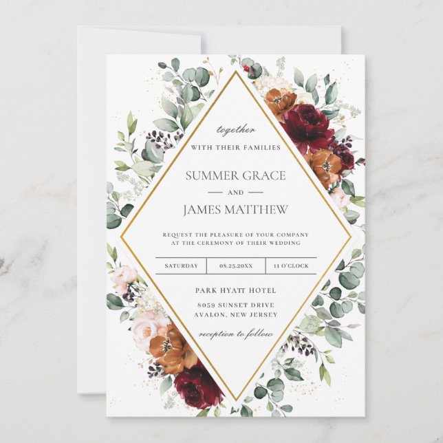 Burgundy Burnt Orange Blush Ivory Floral Wedding Invitation (Front)