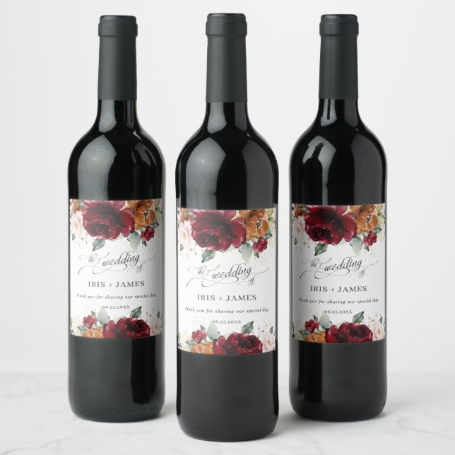 Burgundy Burnt Orange Blush Ivory Floral Wedding Wine Label (Bottles)