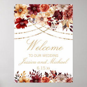Burgundy Burnt Orange Cream Floral Wedding Welcome Poster