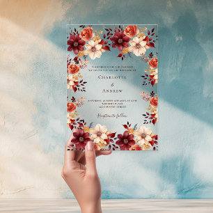 Burgundy burnt orange fall floral clear wedding acrylic invitations