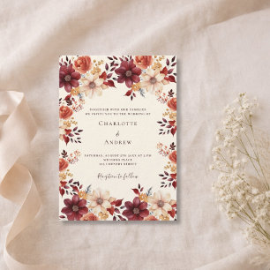 Burgundy burnt orange fall floral luxury wedding invitation
