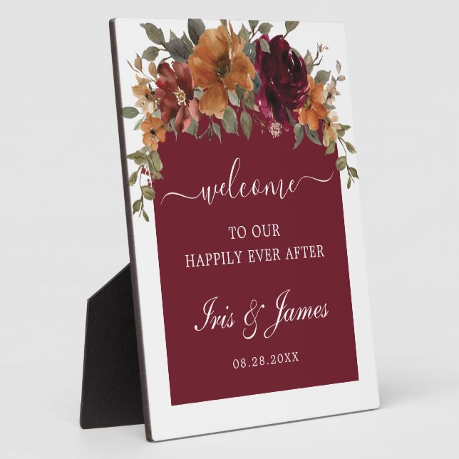 Burgundy Burnt Orange Floral Arch Wedding Welcome Plaque (Side)