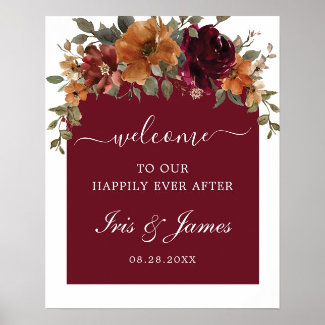 Burgundy Burnt Orange Floral Arch Wedding Welcome Poster (Front)