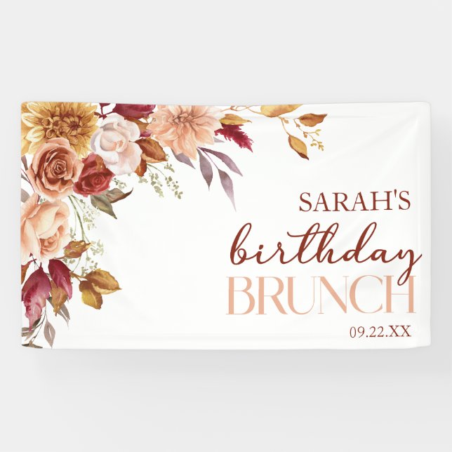 Burgundy Burnt Orange Floral Birthday Brunch Banner (Horizontal)