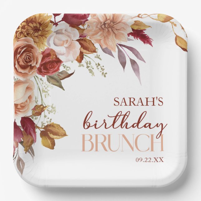 Burgundy Burnt Orange Floral Birthday Brunch Paper Plate (Front)