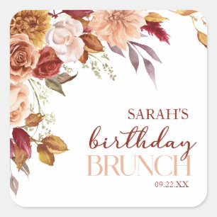 Burgundy Burnt Orange Floral Birthday Brunch Square Sticker