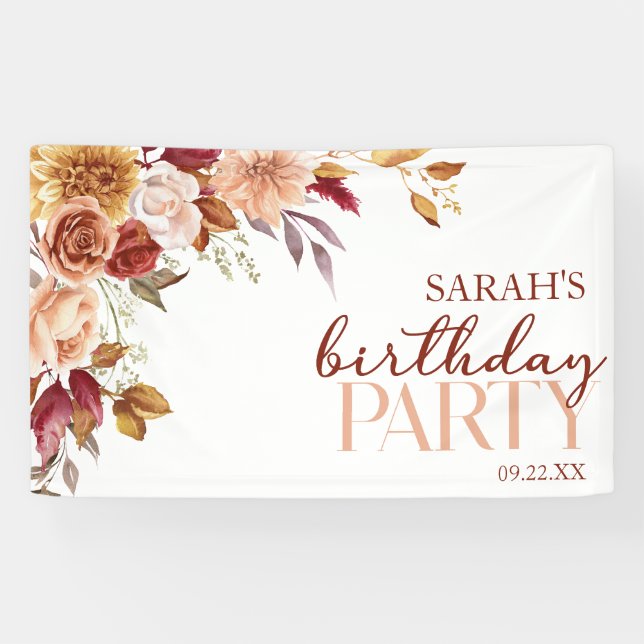 Burgundy Burnt Orange Floral Birthday Party Banner (Horizontal)