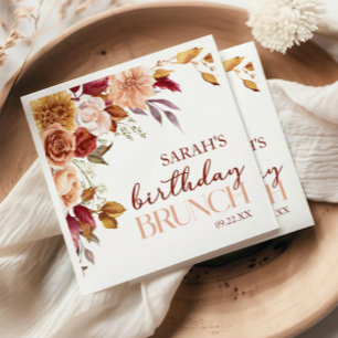 Burgundy Burnt Orange Floral Birthday Party Brunch Napkin