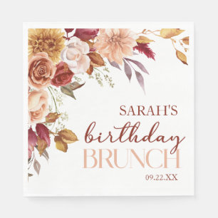 Burgundy Burnt Orange Floral Birthday Party Brunch Napkin