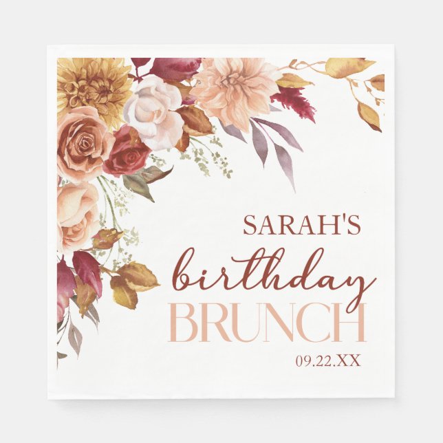 Burgundy Burnt Orange Floral Birthday Party Brunch Napkin (Front)
