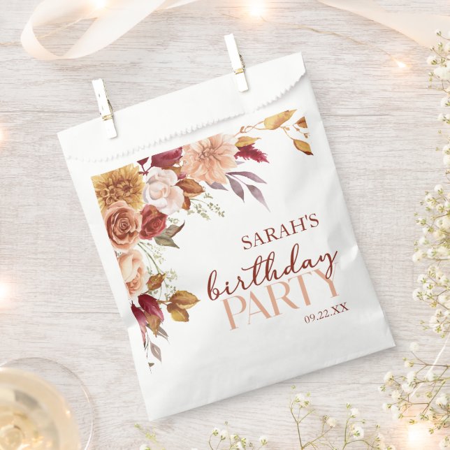 Burgundy Burnt Orange Floral Birthday Party Favour Bags (Clipped)
