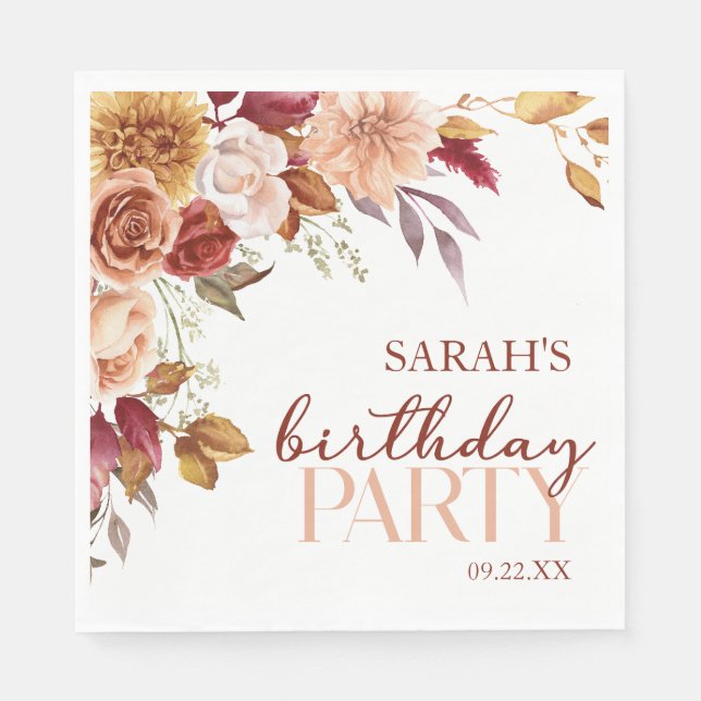 Burgundy Burnt Orange Floral Birthday Party Napkin (Front)