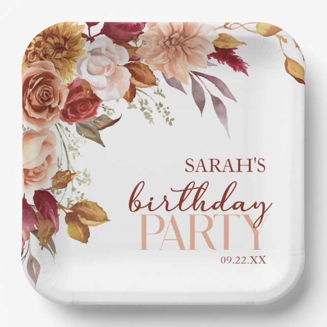 Burgundy Burnt Orange Floral Birthday Party Paper Plate (Front)