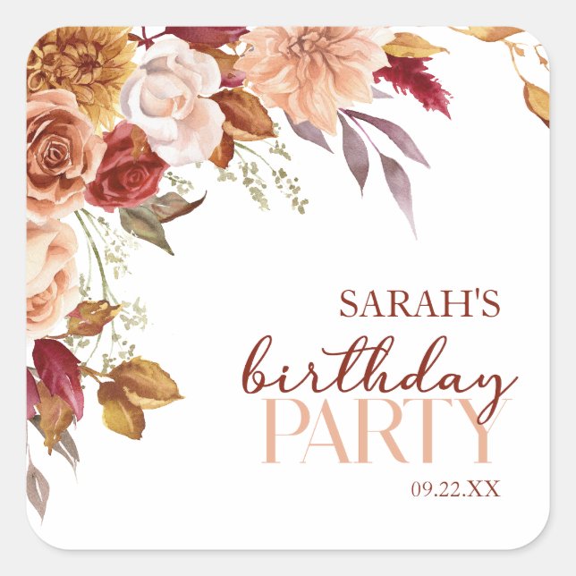 Burgundy Burnt Orange Floral Birthday Party Square Sticker (Front)