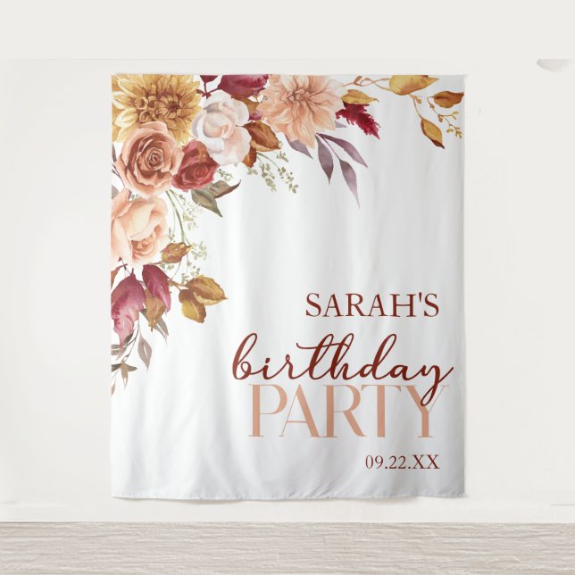 Burgundy Burnt Orange Floral Birthday Party Tapestry (Front)