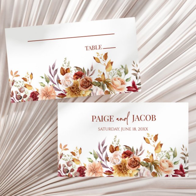 Burgundy Burnt Orange Floral Flowers Wedding  Place Card (Creator Uploaded)