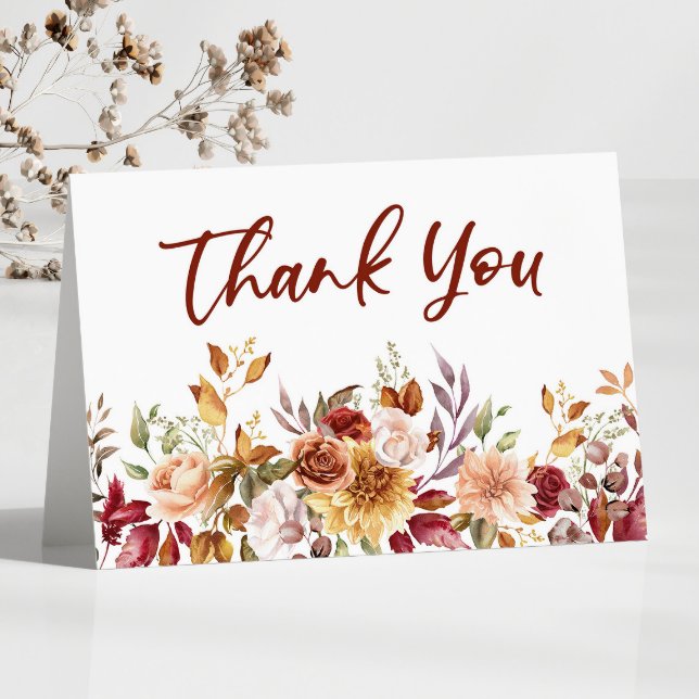 Burgundy Burnt Orange Floral Flowers Wedding Thank You Card (Creator Uploaded)