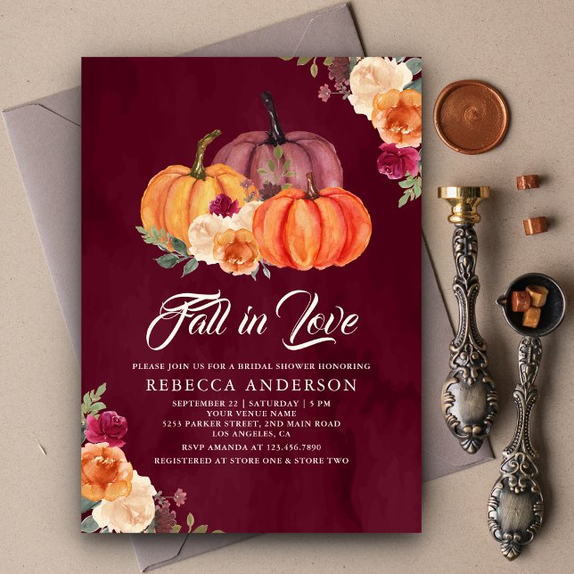 Burgundy Burnt Orange Floral Pumpkin Bridal Shower Invitation (Creator Uploaded)