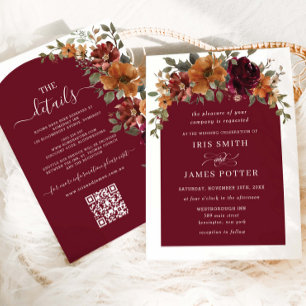 Burgundy Burnt Orange Floral Wedding Details QR Invitation