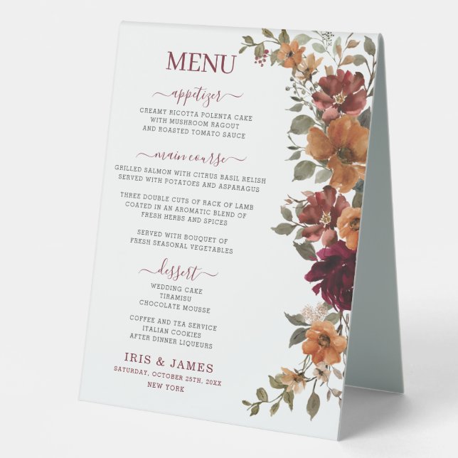 Burgundy Burnt Orange Floral Wedding Dinner Menu  (Front)