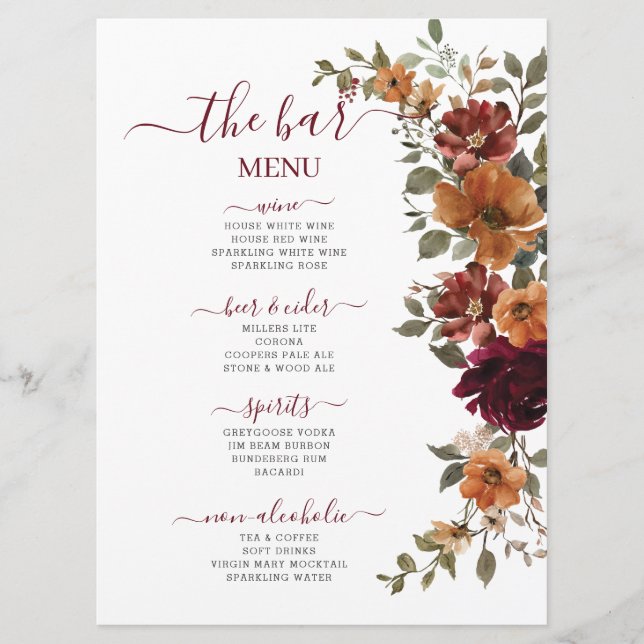 Burgundy Burnt Orange Floral Wedding Drinks Bar  Menu (Front)