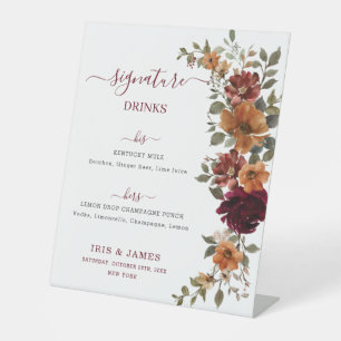Burgundy Burnt Orange Floral Wedding Drinks Menu Pedestal Sign