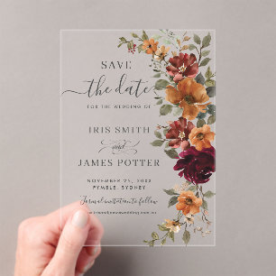 Burgundy Burnt Orange Floral Wedding Save the Date Acrylic Invitations