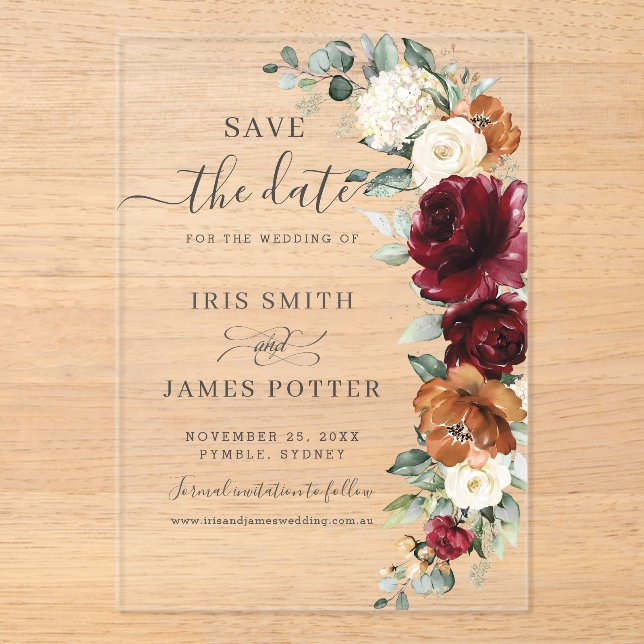 Burgundy Burnt Orange Floral Wedding Save the Date Acrylic Invitations (Front)